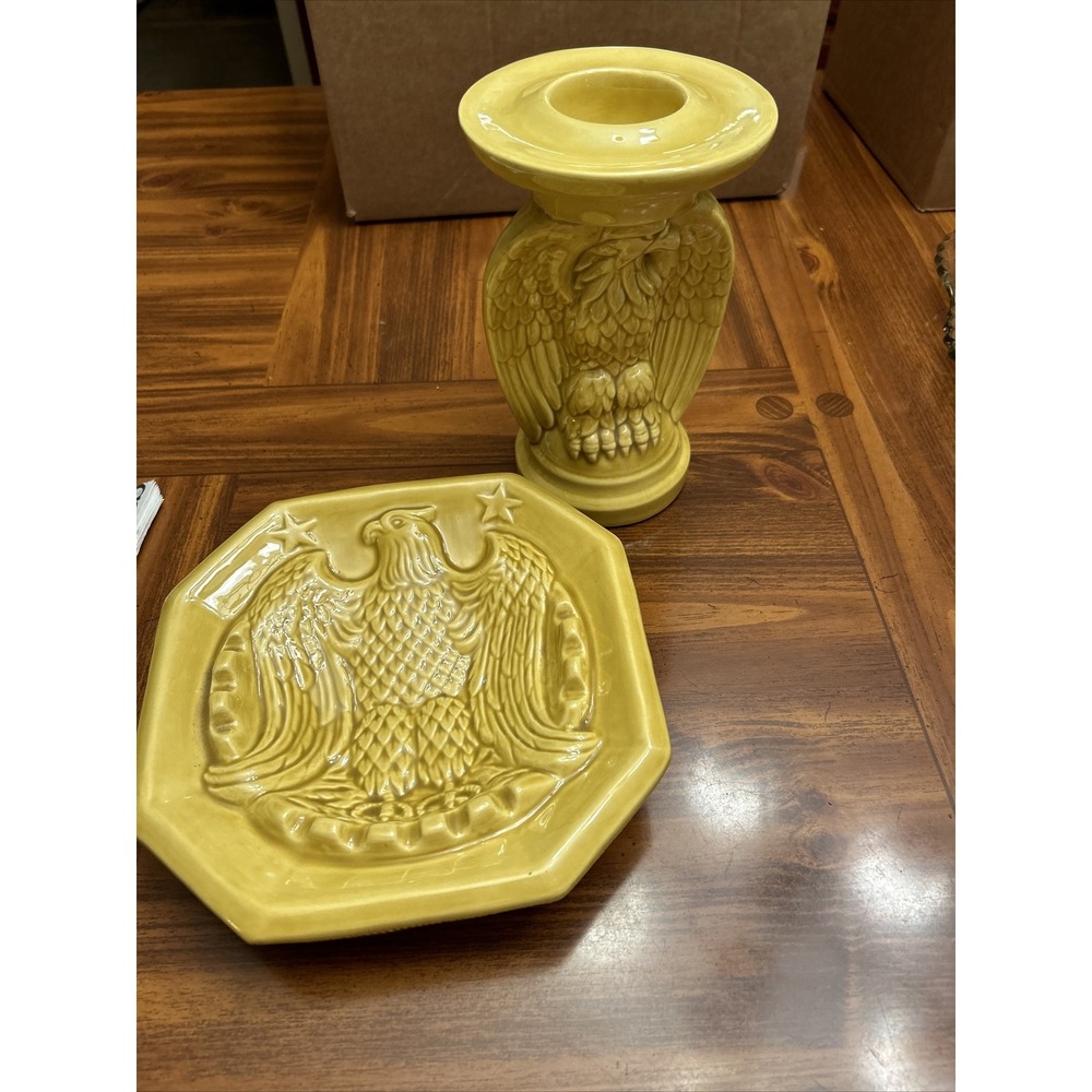 Ceramic Hand painted Bi Centennial 70's Gold Eagle Candle Holder & Wall Plaque